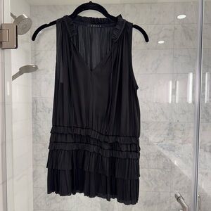 Decker (from Mixology) black satin pleated smocked waist ruffle top, XS